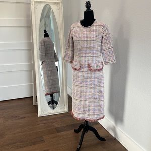 Pink + White Tweed Sheath Dress Dainty Jewell’s sz small like new Holiday Winter